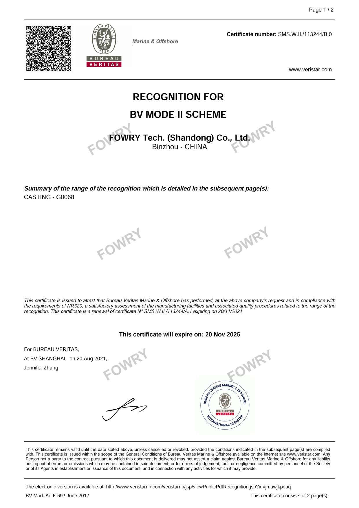 FOWRY BV certificate
