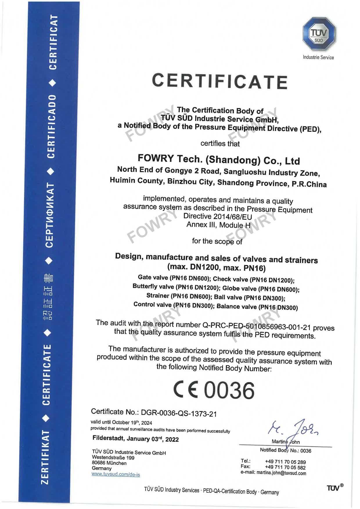 FOWRY PED H Product Certificate