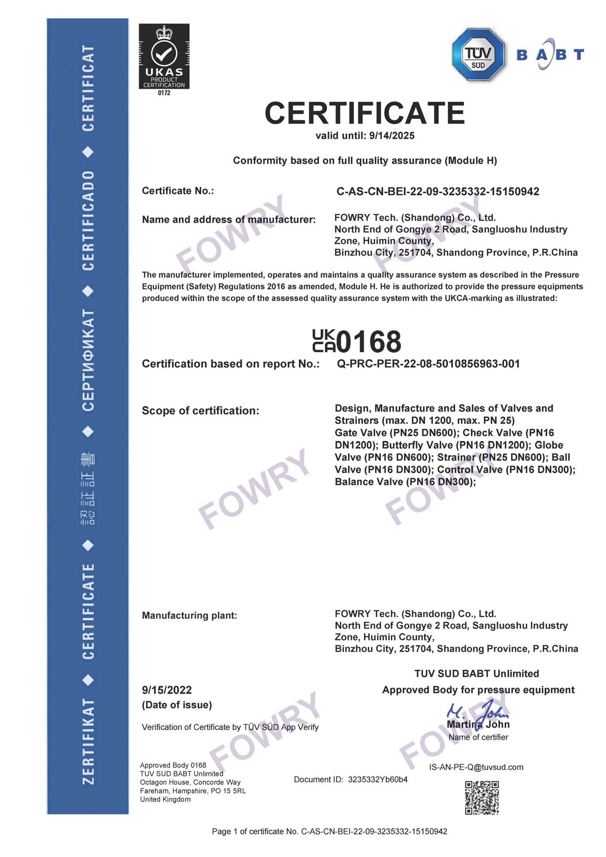 FOWRY UKCA Certificate