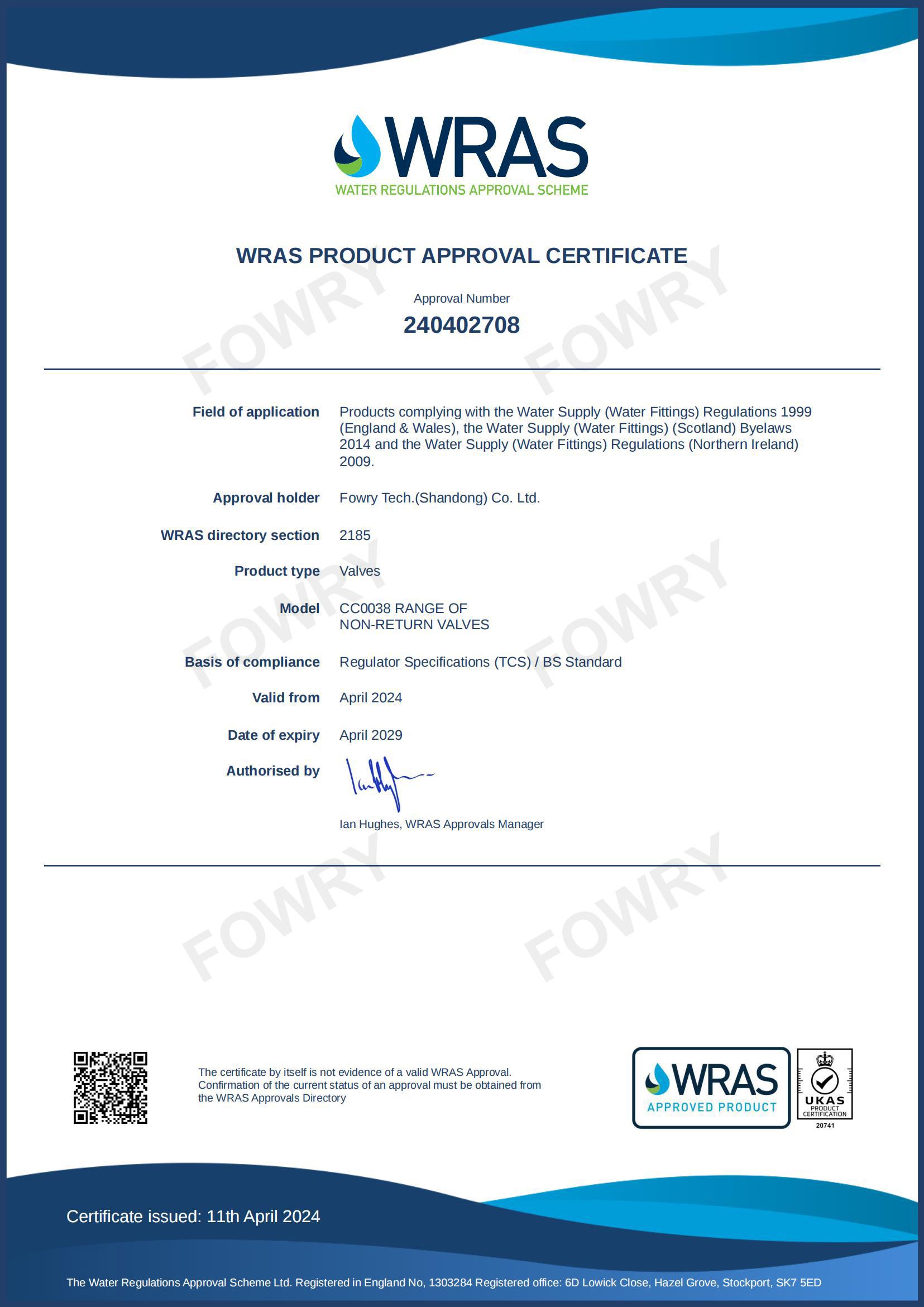FOWRY WRAS Certificate of Silent Check Valve